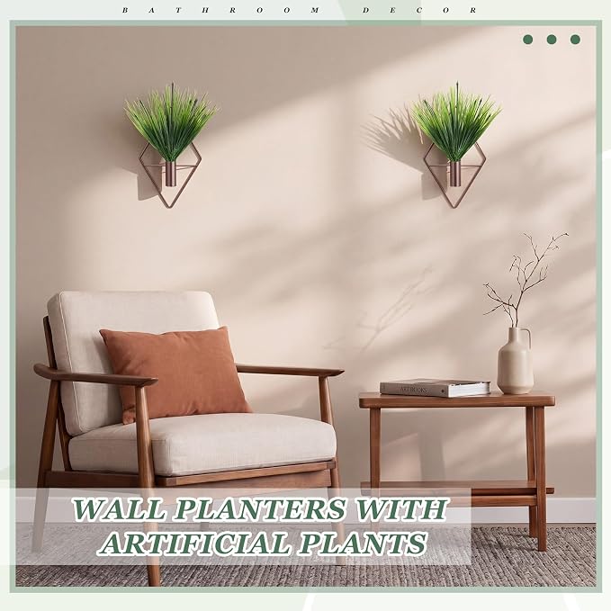 Canlierr 4 Pcs Wall Decor Hanging Planters with Artificial Plants Metal Hanging Vase Indoor Plants Modern Boho Wall Art for Bathroom Bedroom Living Room Decor (Aquatic Plant,Bronze)
