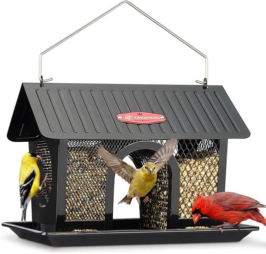 Kingsyard Bird Feeder for Outdoors Hanging, Dual-Use Metal Mesh Wild Bird Feeders with Seed Tray & Weatherproof Roof, 3 lbs Large Capacity, Black