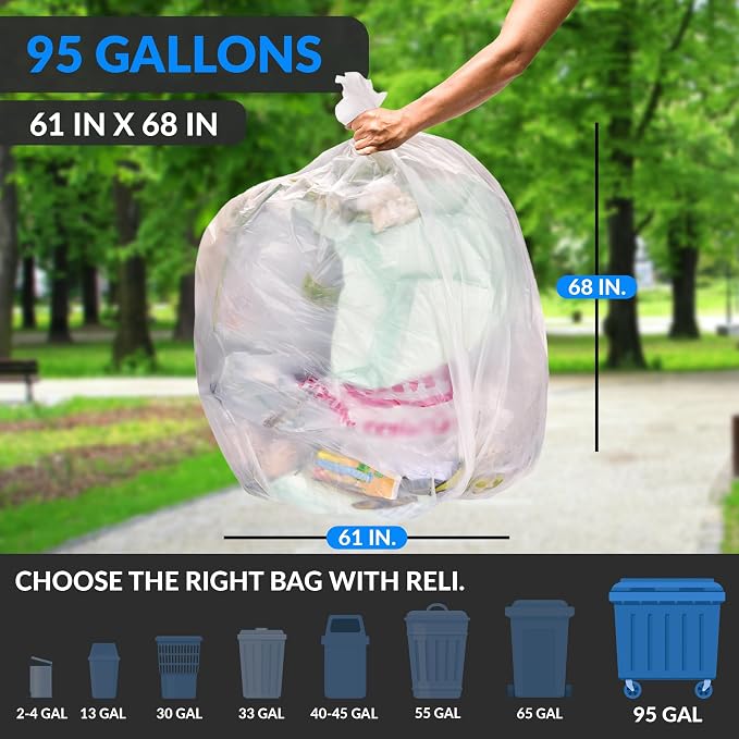 Reli. 95 Gallon Trash Bags Heavy Duty | 30 Trash Bags with Ties | Super Sizeable, Clear, Serious Garbage Cleanup
