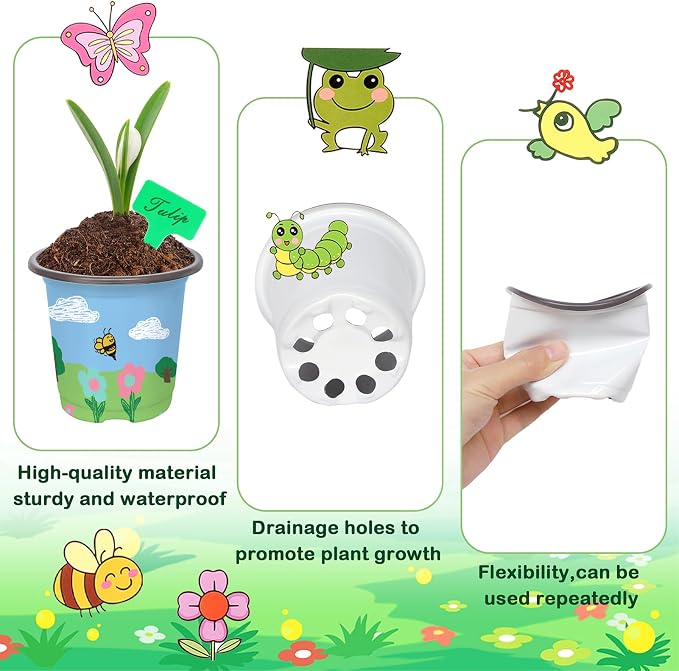 Garden Plastic Pot Craft Kit 50 Nursery Pots with 32 Stickers 50 Plant Labels 4 Painting Tools and 1 Ribbon for Flower Plant Spring Summer Graduation DIY Crafts Painting Gardening Growing Tools