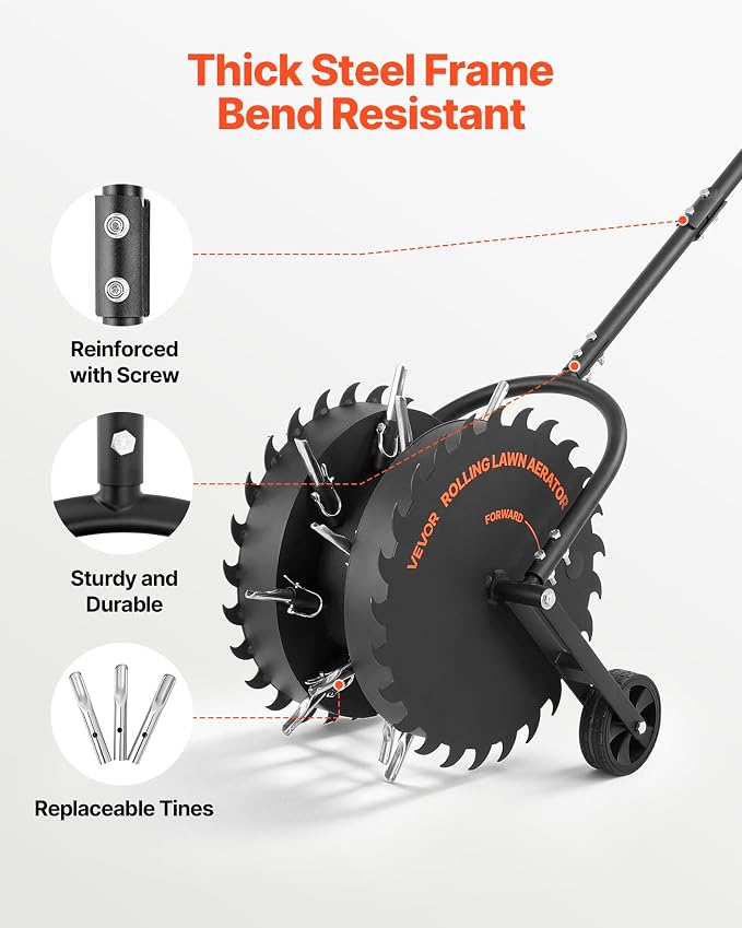 VEVOR Rolling Lawn Core Aerator, 16.6 in Coring Aerator Roller with Anti-Clog Tines, Heavy Duty & Rust-Resistant, Yard Grass Pulling Plugs Manual Aeration Tool for Compacted Garden Soil Loosening