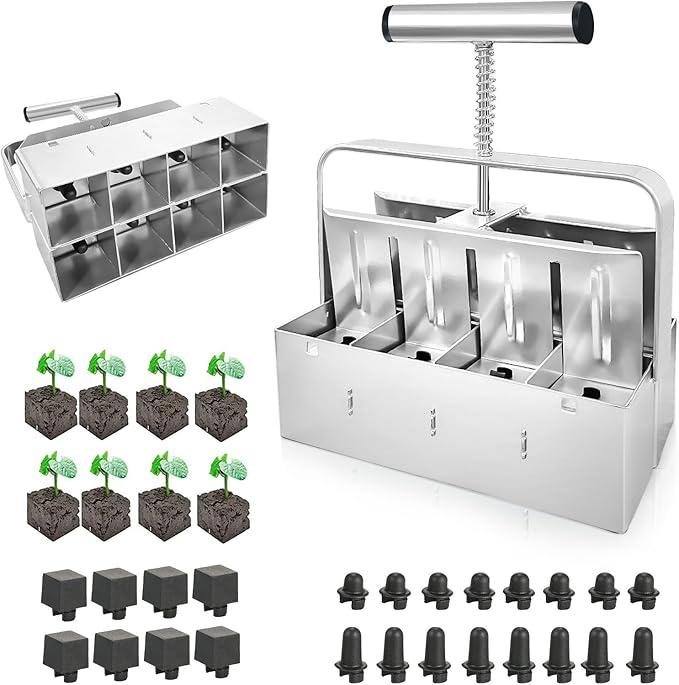 Upgraded Soil Blocker Handheld, 8 Soil Block Maker for Seed Starting, 2 inch Manual Quad Soil Blockers Maker, Soil Blocking Tool, Soil Blocker Kit