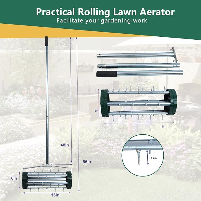 Heavy Duty Rolling Lawn Aerator - 3-Piece Steel Handle Push Spike Aerator for Garden & Yard, 57-Inch Manual Soil Aeration Tool for Grass Maintenance, Compacted Lawn Care