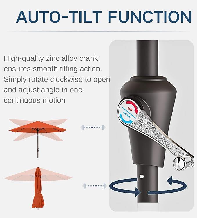 9FT Auto-Tilt Patio Umbrella|Outdoor Market Table Umbrella with 8 Fiberglass Ribs for Pool,Deck&Backyard