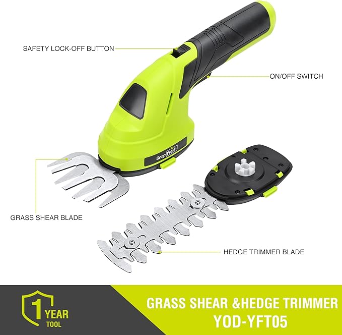 SnapFresh Cordless Grass Shears & Hedge Trimmer, 2-in-1 Handheld Electric Lightweight Hedge & Shrub Trimmer with Battery for Garden Yard Lawn, 2.0Ah Battery & USB-C Charging Cable Included