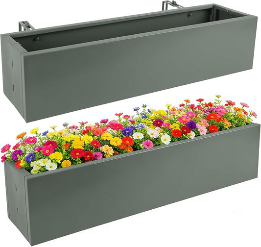 2 Pack Metal Railing Planter Box, 30 Inch Balcony Planters with Adjustable Brackets, Large Hanging Planters for Outdoor Fence Deck