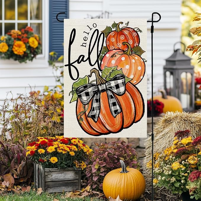 CROWNED BEAUTY Fall Welcome Pumpkins Garden Flag for Outside 12x18 Inch | Weather resistant, double-sided small yard flag. Features three pumpkins for outdoor seasonal fall decor