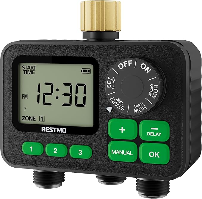 RESTMO Sprinkler Timer for Outdoor Hose Faucet 3 Zone, Up to 11h59m Programmable Watering Timer for Soaker Hose, Misting with Brass Inlet & Large Dial, Rain Delay/Manual/Automatic Irrigation System