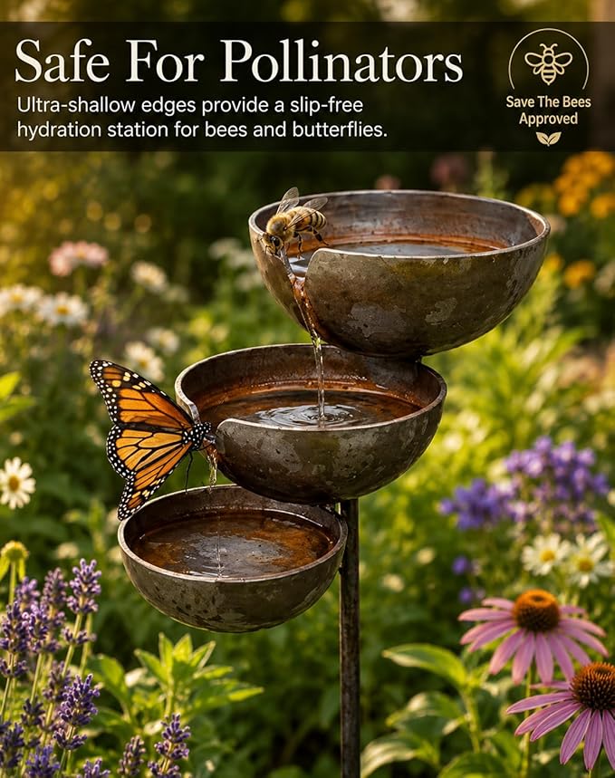 Rain Catcher Bird Bath & Multi-Tiered Water Feature, Rustic Metal Garden Stake, Safe Shallow Bee-Friendly Hydration Bowls, Weather-Resistant Outdoor Bird Bath for Yards, Lawns, Gardens，Copper