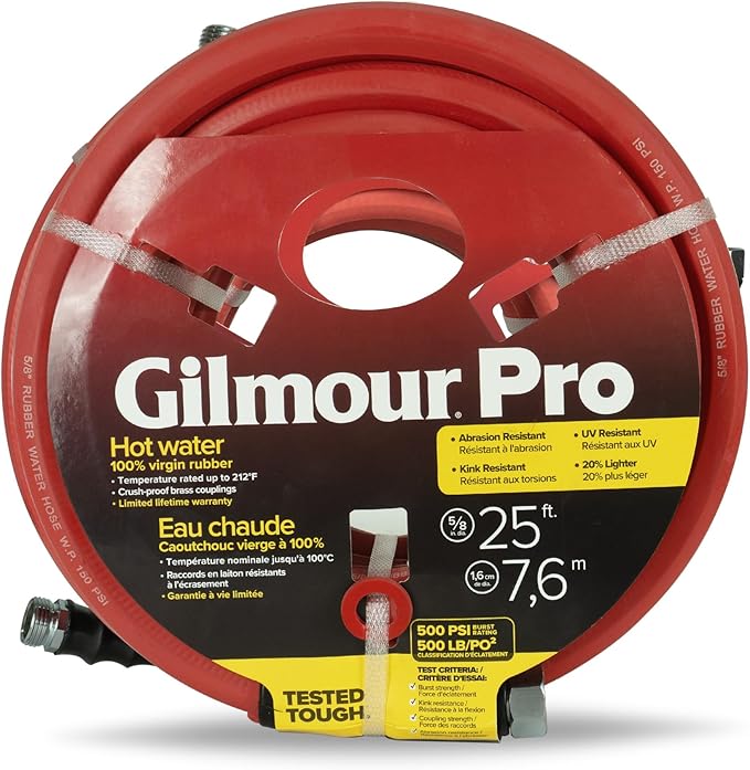 Gilmour Pro Rubber Hot Water Garden Hose – 5/8" x 25', Kink-Resistant, 400 PSI, Brass Fittings, Flexible in Cold, USA Made