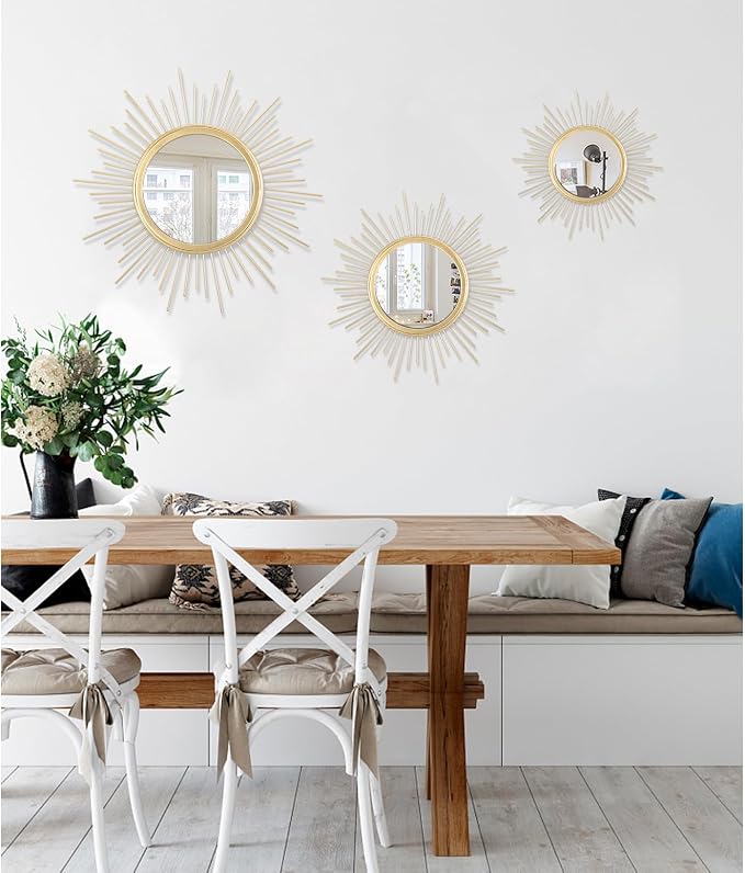 Gold Mirrors for Wall Sunburst Decor Art Mirror Bohemian Home Round Modern Metal Mirror for Bedroom Living Room Hallway Bathroom Balcony Farmhouse Entrance Small