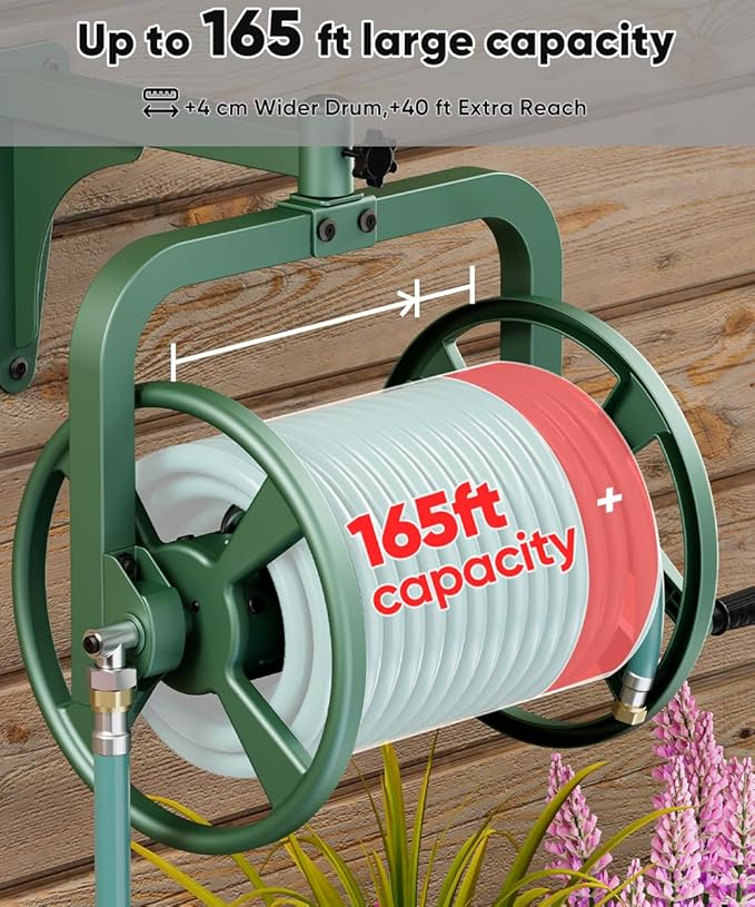 Artigarden Rotating 360° Garden Hose Reel, Wall Mounted Hose Reel Holder Holds 165ft of 5/8'' Hose, Outdoor Heavy Duty Metal Water Hose Organizer Storage Rack with 3.9ft Leader Hose for Outside, Green