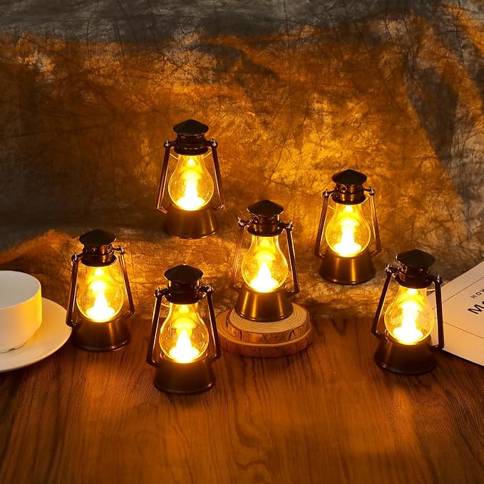 Mini Vintage Lantern Decor 12-Pcs LED Small Lanterns Indoor Decorative Outdoor Hanging Lantern Decorative Candle Lanterns Farmhouse Decor for Wedding Centerpiece,Halloween,Christmas Decorative