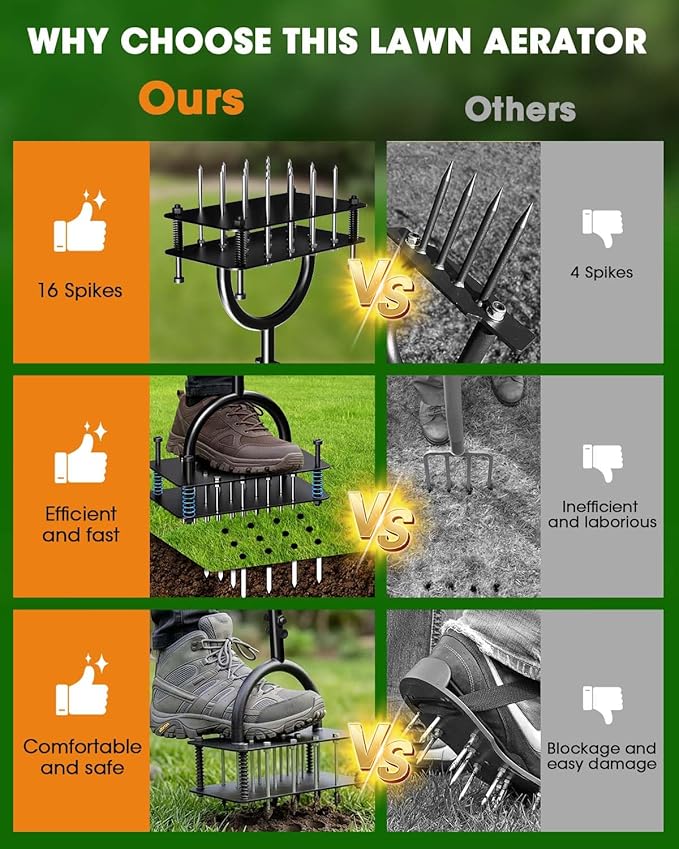 Manual Lawn Aerator Tool, Grass & Yard Aerator, Lightweight 7.7 lb with 21 × 3.5" Steel Spikes, Ergonomic Automatic Reset Design, Deep Soil Aeration for Healthier Lawns