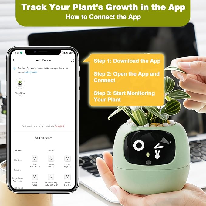 Smart Plant Pot with Visual Display – Soil Moisture, Water Level, Light & Battery Monitor, 80ml Self-Watering Reservoir, Supports 100+ Plants, Pomodoro Timer, Clock & Calendar (Green)