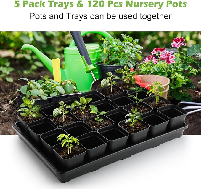 RooTrimmer 2.8 inch (7CM) Square Nursery Pots 120pcs with 5 Pack Seed Starter Trays, Durable Plastic Flat Seedling Tray (17"x11"x2") for Carrying and Holding Plant Nursery Pot (Black)