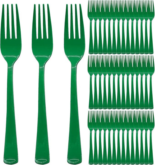100 Pcs Green Plastic Forks Green Plastic Silverware Disposable Cutlery Heavy Duty 100 Forks for Birthday, Picnic, Wedding, Christmas