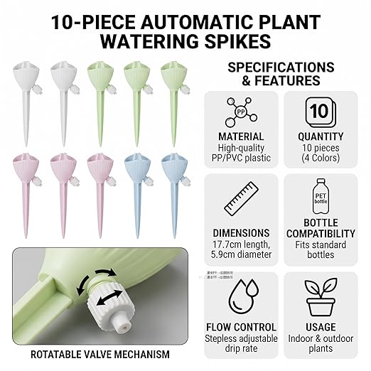 Self Watering Spikes for Plant - Automatic Plant Watering Spikes Devices with Adjustable Control Valve Switch for Indoor & Outdoor Potted Plants! (3 Each of Pink, Green 2 Each of Blue, White)