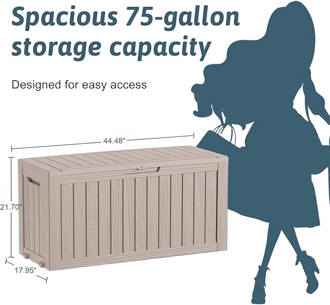 EasyUp 75 Gallon Outdoor Storage Box, Waterproof Space-Saving Resin Deck Box with Wheels for Patio Furniture, Outdoor Cushions, Garden Tools and Pool Floats (Grey, 75 Gallon)