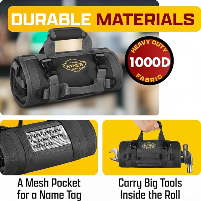 The Ryker Bag Black Roll Up Tool Bag Organizer – Heavy Duty Motorcycle Tool Roll with Detachable Pouches for Mechanics, Electricians, Plumbers & DIY Storage, Practical Gift for Dad (Black)