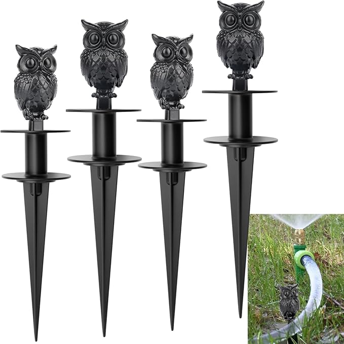 4 Pack Hose Guides for Garden Heavy Duty Metal Water Hose Guards for Flower Beds Decorative Garden Stake Spike Owl-Shaped Black Cast Iron Plant Protector for Lawn Yard Ground Outside Flower Bed