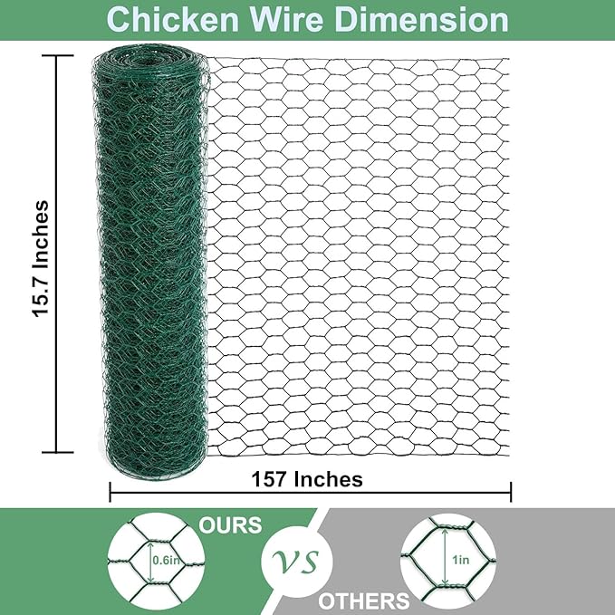 Mklsit Chicken Wire for Floral Arrangements, 15.7 x 157 Inches Green Mesh, 0.6 Inch Hexagonal Galvanized PVC Coated Netting Fence for Crafts, Poultry, Garden