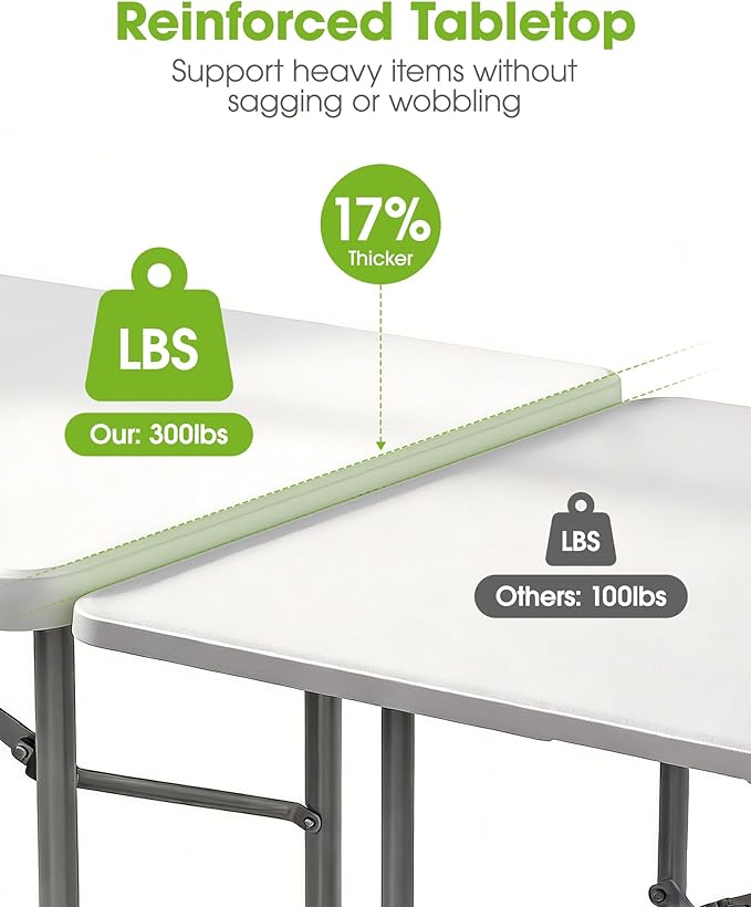 Pureegg 8FT Folding Table - No Assembly Required, Versatile Dining Table with Carrying Handle & Tabletop Safety Lock, Portable Foldable Table for Party, Craft, Camping, Picnic, White