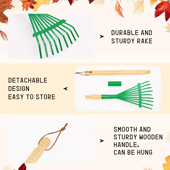 Kids Rakes with Hardwood Handle - Metal Kids Leaves Rakes, 28" Child Size Lawn Rakes with Vibrant Green Heads, Garden Tool Set for Kids Boys and Girls