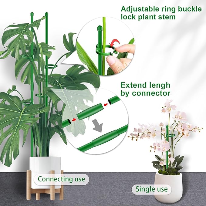 20Pcs Plant Support Stakes 17 inch SupKing Garden Orchid Sticks Extended to 3ft 4ft 5ft Plant Poles with Clips for Indoor Outdoor Potted Tomato Rose Amaryllis Vegetables Comes with 20 Ties（Green）