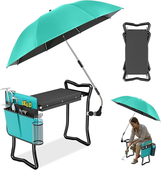 2-in-1 Garden Kneeler with Umbrella, Garden Kneeling Bench & Aqua Umbrella, Portable Garden Stool Loads Capacity 330lb and Garden Tools Bag with bottle holder, Gardening Gifts for Women,Men,Seniors