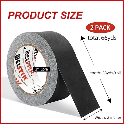 WELSTIK 2 Pack Black Gaffers Tape, 2" x 33 Yards (66 Yards Total) – Upgraded 15 Mils Heavy Duty, Matte Non-Reflective for Pro Stage, Photo & Video, Residue-Free