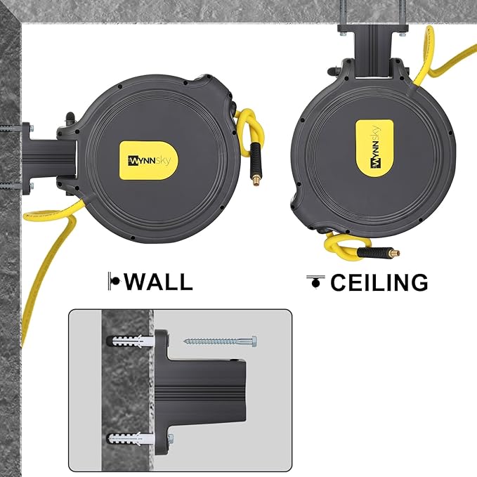 Automatic Retractable Enclosed Air Compressor Hose Reel with 3/8 inch x 50 ft Hybrid Air Hose for Workshop Garage, 180° Swivel Bracket, 300PSI