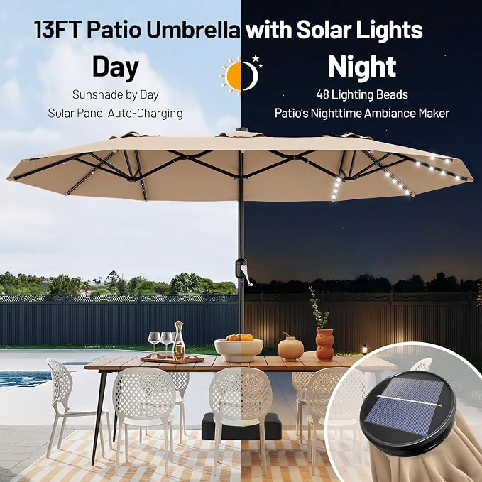 AreShark 13 FT Patio Umbrella with Solar Lights, Double-Sided Outdoor Table Umbrellas with Crank, Large Rectangular Market Umbrella for Porch, Lawn, Pool, Backyard, Beige