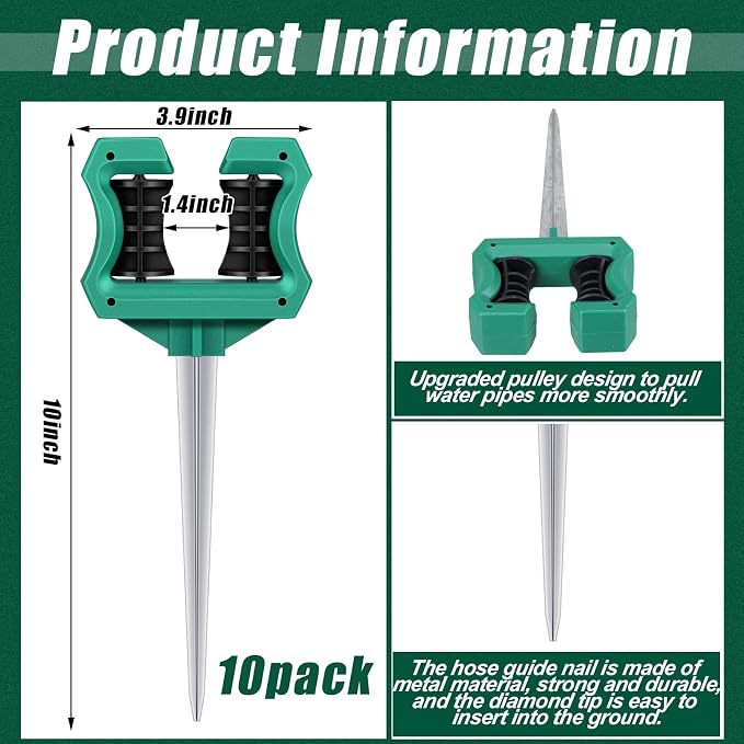 Yaocom 10 Pcs 10 Inch Garden Hose Guide Stakes Metal Spike with Smooth Roller Rust-Proof Hose Guides Green Garden Support Spike for Greenhouse Yard Lawn Plant Protection