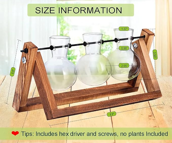 Kingbuy Plant Propagation Station, 3 Glass Bulb Vases with Wooden Stand | Boho Desktop Terrarium, Hydroponics, Home Office Window Sill Decor, Gift for Women Plant Lovers