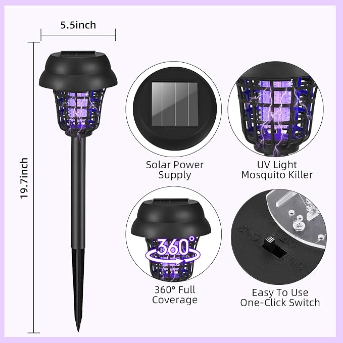 Solar Bug Zapper Outdoor Waterproof Mosquito Zapper Repellent Outdoor Patio,Auto On/Off Purple or White Light, Solar Powered Gnat Flying Insect Bug Zappers for Yard, Garden, Backyard, Pathway