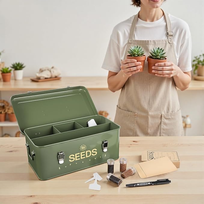 Metal Seed Storage Box with Safety Locks, Large 4-Compartment Seed Organizer Kit with 30 Envelopes, 30 Plant Labels & 5 Plastic Bottles1 Mark Pen, Lockable Seed Saving Bin for Gardeners