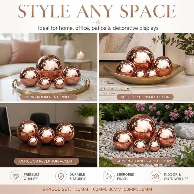Nerien Gazing Ball, Stainless Steel Garden Mirror Globe, Polished Ornament Sphere, Hollow Floating Reflective Hemisphere, for Home Outdoor Pond Housewarming Swimming Pool Decoration, Rose Gold, 5Pcs