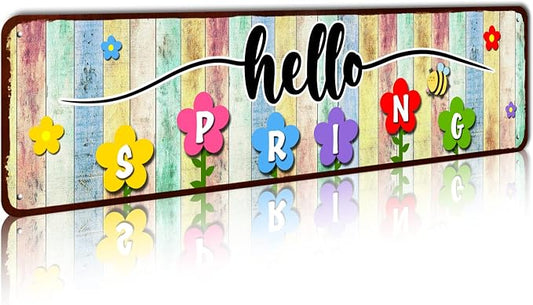 Hello Spring Sign, Colorful Flowers Wreath Farmhouse Welcome Sign Porch Decor for Home Garden Farmhouse Yard Office Decorations 4x16 Inch
