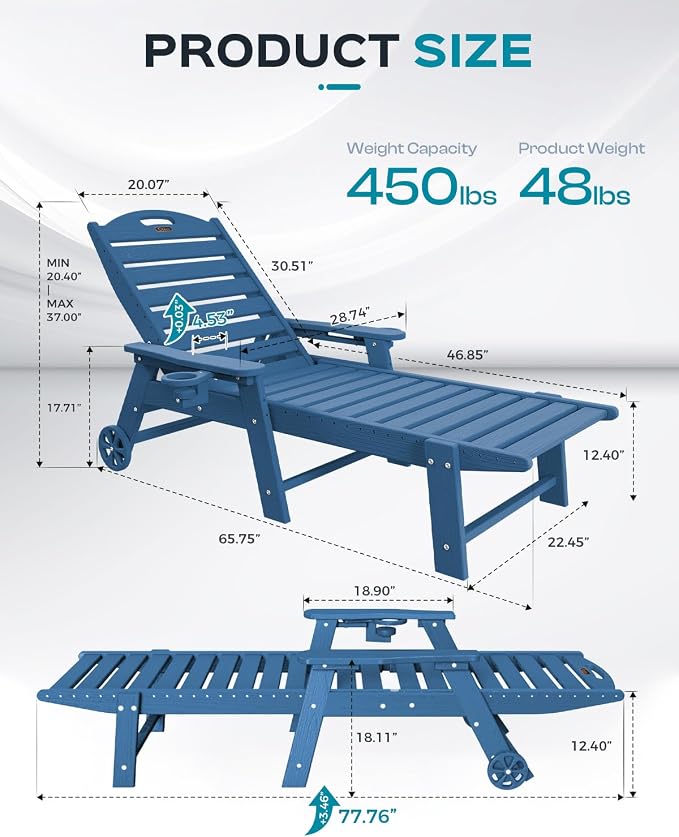 Ciokea Outdoor Chaise Lounge Chair Set of 2, Patio Lounge Chairs for Outside, HDPE Lounge Chair with Wheels & Cup Holder, Poly Chair with 5 Position for Poolside, Deck, Navy Blue