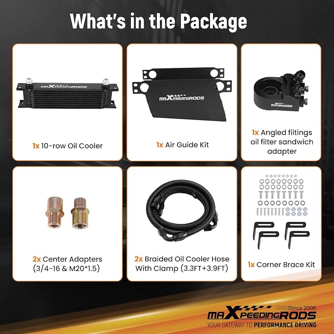 maXpeedingrods 10 Row Engine Oil Cooler Kit, 10AN Transmission Engine Cooler British Radiator Universal Aluminium Black, Thermostatic Oil Filter Sandwich Adapter, Air Guide Kit and Oil Cooler Hoses