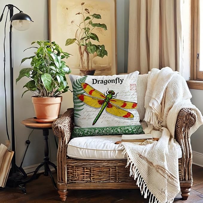 7COLORROOM Vintage Dragonfly Throw Pillow Covers 18x18 Inch,Watercolor Dragonfly Nature Theme Pillowcases Spring Country Style Home Decor Cushion Cases 4Pack,for Sofa Couch Porch Patio (Green)