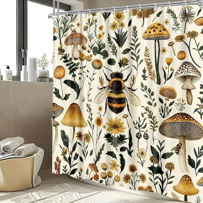 Rustic Boho Mushroom Shower Curtain, Vintage Chic Bee Mushroom Botanical Floral Farmhouse Cottagecore Aesthetic Shower Curtain Set with Hook, Fairy Witchy Plant Shower Curtain for Bathroom 72X72 Beige
