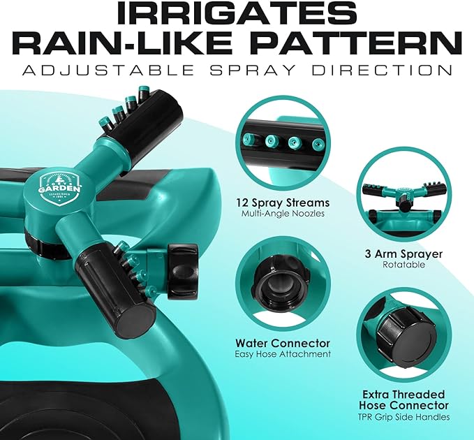 Joeys Sprinkler for Yard, Rotating Garden Sprinkler with 3 Adjustable Arms, Weighted Base, Expandable Connection, Lawn and Yard Sprinklers (Green)