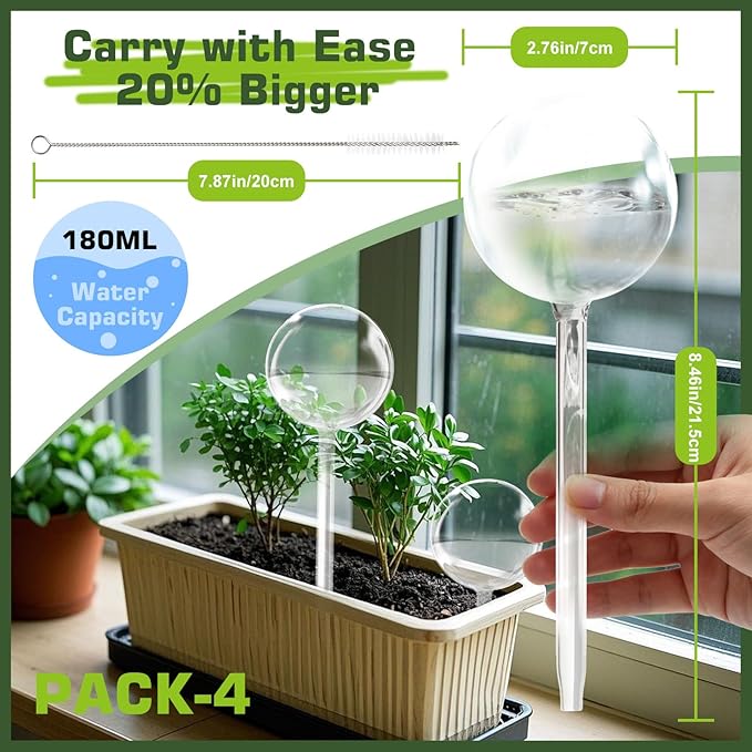 Self Watering Globes, Glass Clear Plant Watering Globes, Self Watering Planter Insert for Indoor & Outdoor Potted, Self Watering Planter Insert Spikes Devices for Everyday or Vacation Use, 4 Pack