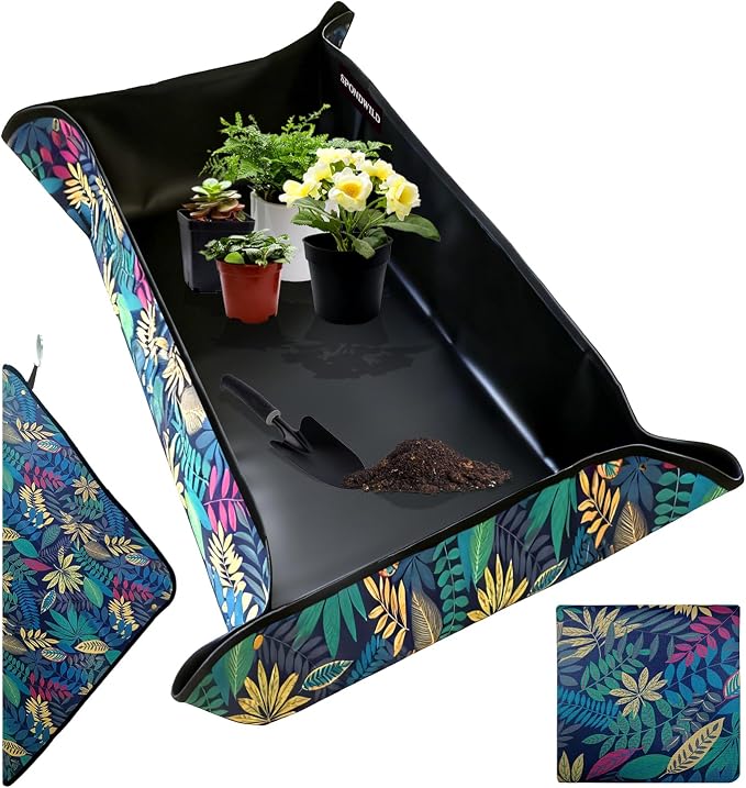 Plant Transplanting Mat - Thickened Waterproof Potting Mat, Succulent Gardening Mat, Portable Repotting Mat for Mess Control, Indoor Outdoor Use, PVC Black Leaf Print, 39.5"x59"