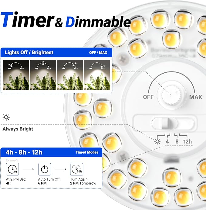 Barrina Orbgrow OG11A4 Clip On Grow Lights for Indoor Plants, Integrated Stepless Dimming & Timing, 4000K 44W(4 x 11W, 400 Watt Equiv), Full Spectrum 4-Gooseneck with E26 Plant Light Bulbs
