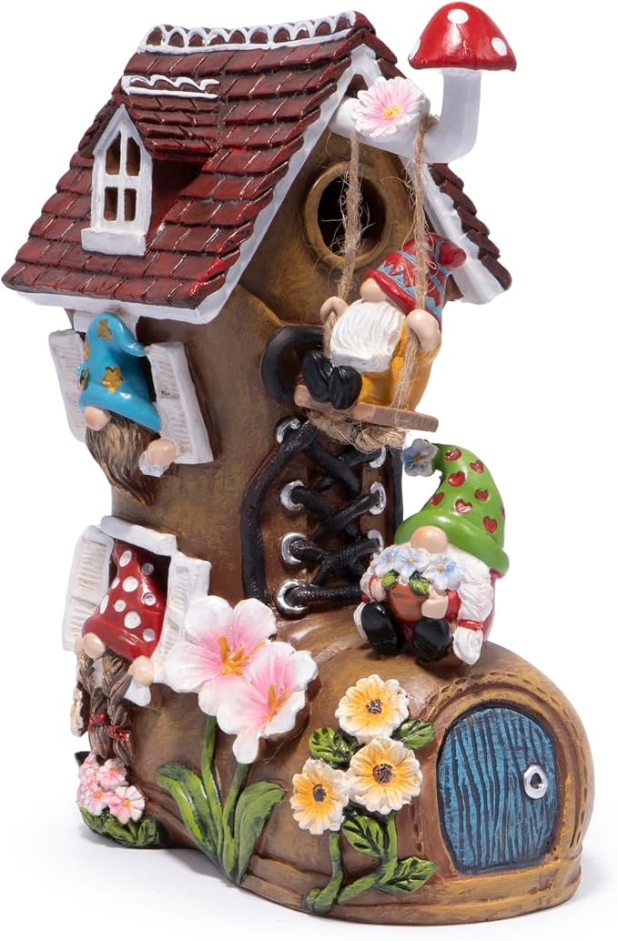 Hodao Spring Solar Gnomes Garden Decor - Whimsical Shoe House with Swinging Gnome, Hand-Painted Floral Base & Mushroom Swing for Porch, Yard, Flower Bed Garden Gifts for Women, Mom (Brown)