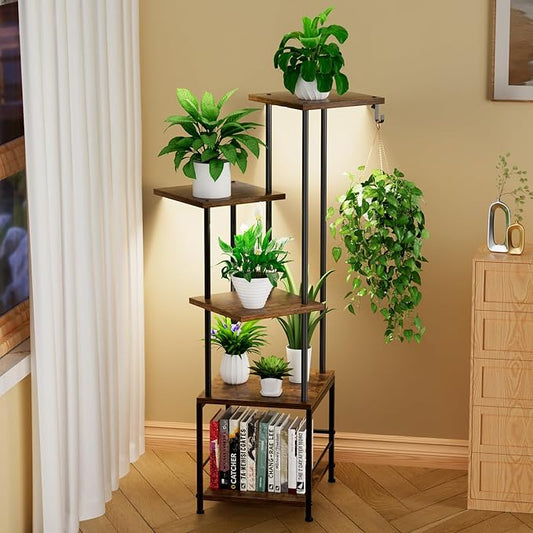 Homsorout Plant Stand Indoor with Grow Light - 5-Tier Metal Plant Shelf with Hanging Basket Hook, Corner Tall Flower Holder for Multiple Plants, Living Room Balcony Garden Patio, Rustic