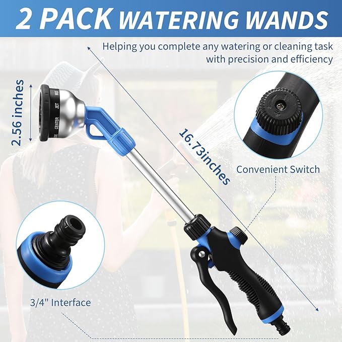 Hushee 2 Pack Garden Hose Wands 16'' Heavy Duty Metal Watering Wands with 180° Swivel Head Adjustable 9 Spray Patterns Long Hose Nozzle Sprayer Control for Hanging Baskets Tall Plants Car Wash
